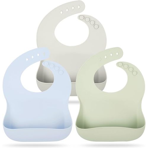 Mia Li Silicone Bibs – 3pcs Waterproof Silicone Bib Set – Silicone Baby Bibs with Adjustable Closure – Non-Messy Toddler Bib - Solid - Cloud, Sage & Stone