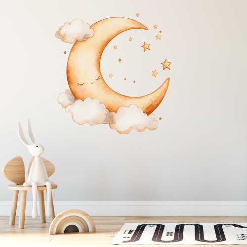 Watercolor Sun Moon Stars and Clouds Wall Decal Vinyl Nursery Décor Art Print Stickers Peel and Stick, Kids room Mural, Removable wallpaper