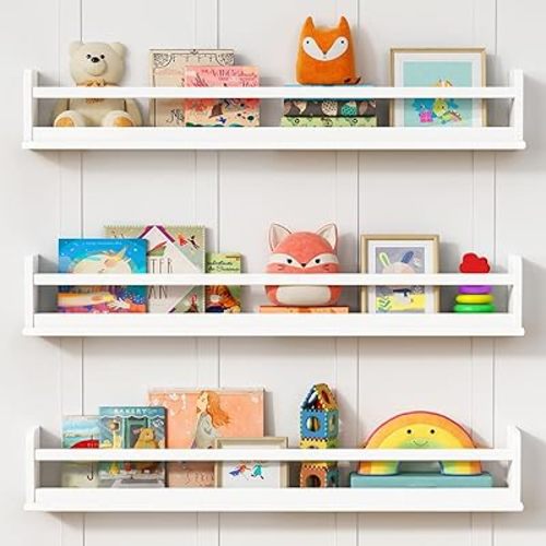 Upgraded White Wall Bookshelf for Kids Room, 36 Inch Long Floating Nursery Book Shelves for Wall, Wider Hanging Bookshelves for Toddlers Childrens Clothes Kids Bedoom Playroom -Set of 3