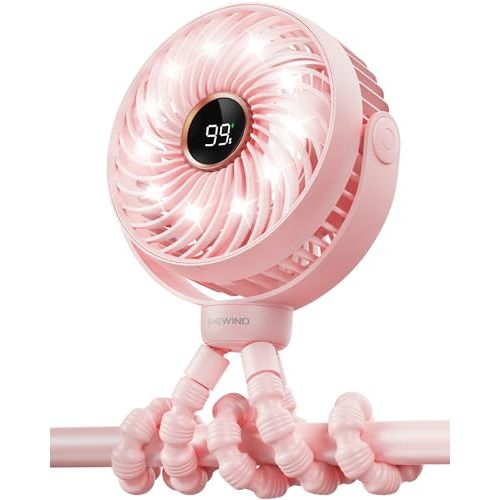 SHEWIND Stroller fan, 3600mAh Portable Battery Operated Smal Clip on Fan, 4 Speed Rechargeable Mini Personal Cooling, Travel for Baby Car Seat Crib (Pink)