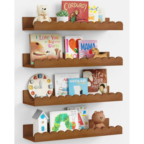 Nursery Floating Book Shelves Set Of 4, Scalloped Wooden Wall Shelves, Walnut Brown | Wayfair
