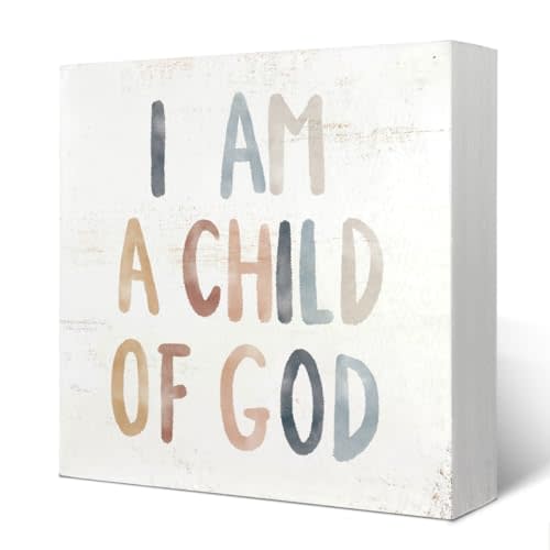 Yetmadi Boho Neutral Baby Girl Boy Nursery Decor - I am a Child of God Christian Wood Box Sign Desk Decor, Toddler Boy Girl Room Decor, Christian Desk Decor, Bible Verse Decor, 5x5