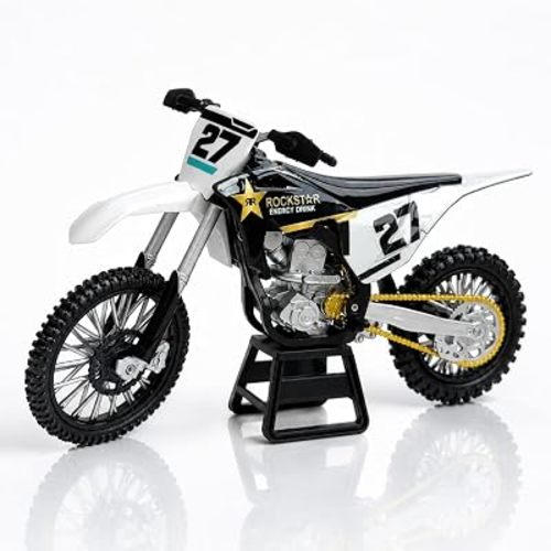 Black and White Dirt Bike Model with Stand, Motorcycle Replica