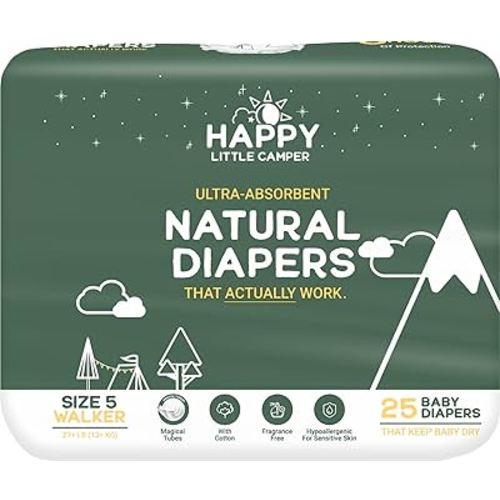 Happy Little Camper Ultra-Absorbent Natural Baby Diapers Size 5 - Hypoallergenic & Chlorine-Free Disposable Diapers Safe for Sensitive Skin - Unscented Walker Diapers - 25 Count