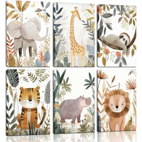6Pcs Boho Baby Animals Wall Art Jungle Safari Canvas Paintings Cute Giraffe Elephant Lion Wall Decor Prints Inspirational Forest Animals Posters Pictures for Nursery kids Boys Bedroom Framed