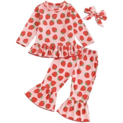 Baby Girls Strawberry Outfits Long Sleeve Pullover Sweatshirt Shirt and Flared Pants Headband Set Fall Clothes