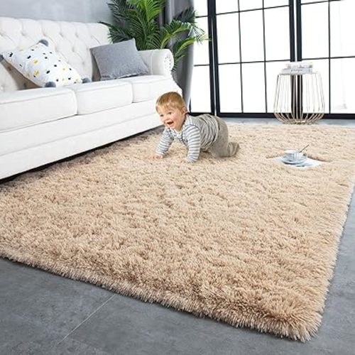 TWINNIS Super Soft Shaggy Rugs Fluffy Carpets, 5x8 Feet, Indoor Modern Plush Area Rugs for Living Room Bedroom Kids Room Nursery Home Decor, Upgrade Anti-Skid Rectangular Fuzzy Rug, Light Tan