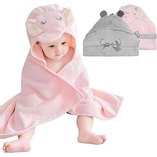 2 Pack Baby Hooded Towels, Premium Soft Cotton Baby Bath Towels with Hood, Extra Thick and Super Absorbent, Essential for Newborns, Infants and Toddlers (Pink Elephant & Gray Koala)