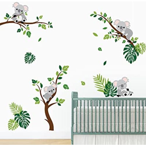 decalmile Koala and Tree Branch Wall Decals Tropical Palm Leaves Wall Stickers Baby Nursery Children Bedroom Wall Decor