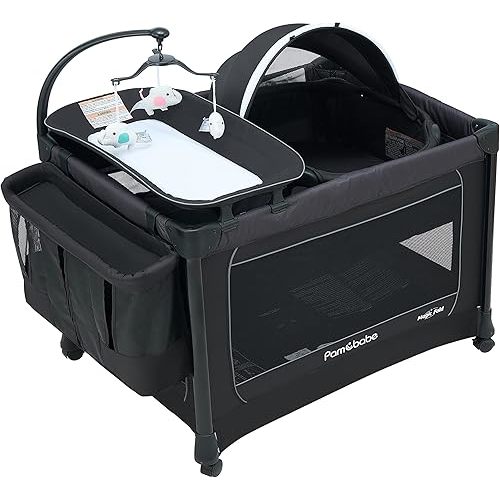 Pamo Babe 4 in 1 Deluxe Nursery Center, Magic Fold Portable Baby Playard with Zipper Gate, Foldable Baby Yard with Changing Table, Detachable Baby Bassinet
