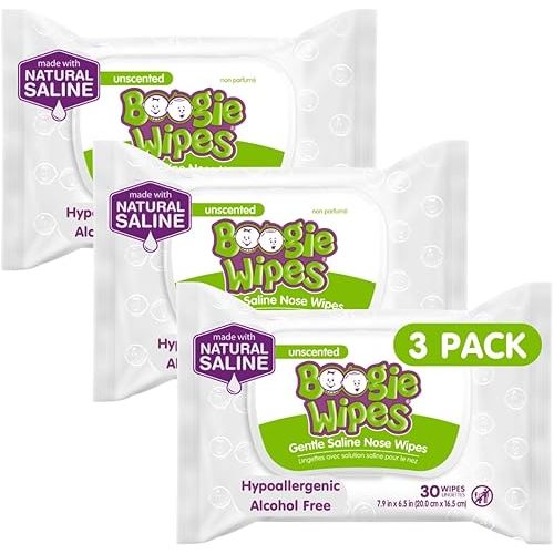 Saline Nose Wipes by Boogie, for Baby & Kids, Face, Hand & Body, FSA/HSA Eligible, Made with Vitamin E, Aloe, and Natural Saline, Unscented, 30 Count (Pack of 3)