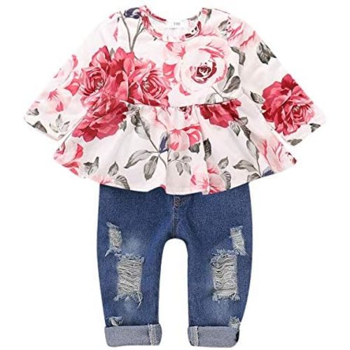 CARETOO Girls Clothes Outfits Cute Baby Girl Floral Long Sleeve Pant Set Flower Ruffle Top