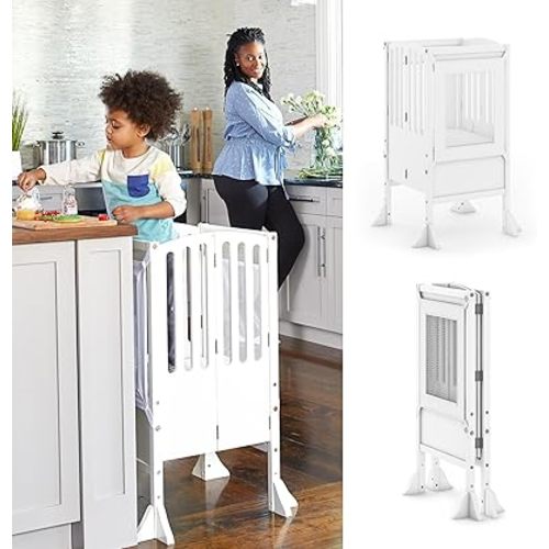 Guidecraft Kitchen Helper® Toddler Tower Step Stool - Contemporary - White: Folding Adjustable Height Montessori Wooden Learning Furniture with Keepers