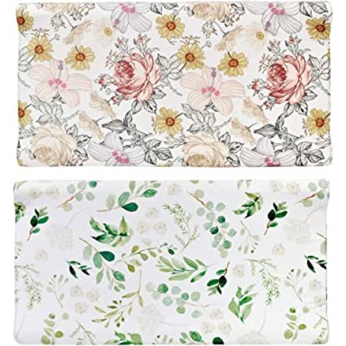 Diaper Changing Pad Cover, 2 Pack, Floral Changing Table Cover, Green Leaf Changing Pad Covers, Jersey Knit Changing Table Sheets, Gender Neutral Crib Bedding Covers for Baby Boy Girl