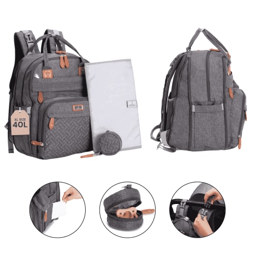 BabbleRoo Original Diaper Bag Backpack – Extra Large 40L Baby Bag with Changing Pad, Insulated Bottle Pockets & Stroller Straps, Waterproof Travel Bag for Moms & Dads, Dark Gray
