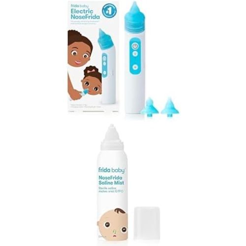 Bundle of Frida Baby Electric NoseFrida Nasal Aspirator, Nose Sucker, 3 Suction Levels, 2 Silicone Tips, USB Rechargeable + Saline Mist Spray | Baby Saline Nasal Spray, Soften Nasal Passages, 3.4 floz - Nasal Aspirator + Saline Mist Spray