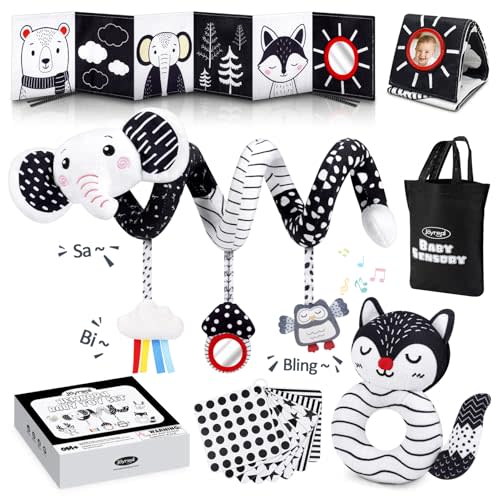 Joyreal High Contrast Baby Toys for Newborn, Black and White Baby Sensory Toys with Car Seat Toys,Infant Toys with Black White Cards Book, Montessori Toys for Baby Gifts (Elephant Theme)