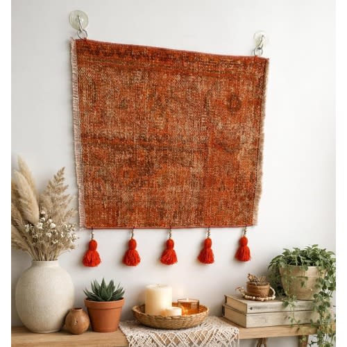Orange Rug Woven Vintage Tapestry, Modern Mid-Century Turkish Abstract Hanging Wall Art