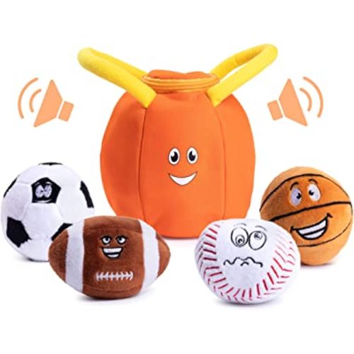 Plush Creations Talking Sports Plush Bag with 4 Talking Soft Plush Balls. Sport Set Includes Plush Sports Bag Plush Basketball Plush Baseball Plush Soccer Ball and Plush Football