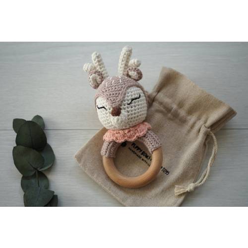 Crochet Rattle/Crochet Teething Rings/Baby Knitted Rattle/Crochet and Wooden Teething Ring/Rattles with Bell/Sensory Toy/Christmas Reindeer