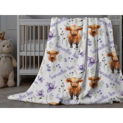 Highland Cow Blanket Personalized, Custom Baby Blanket Highland Cow, Hospital Blanket Baby Girl, Purple Floral Blanket, Baby Shower Gift