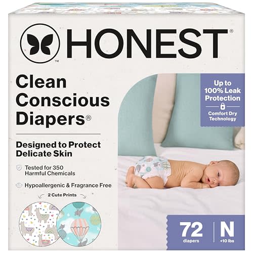 The Honest Company Clean Conscious Diapers for Sensitive Skin | Up to 100% Leakproof | Hypoallergenic, Fragrance Free | Gender Neutral | Club Box, Size Newborn, 72 Count (Prints May Vary)