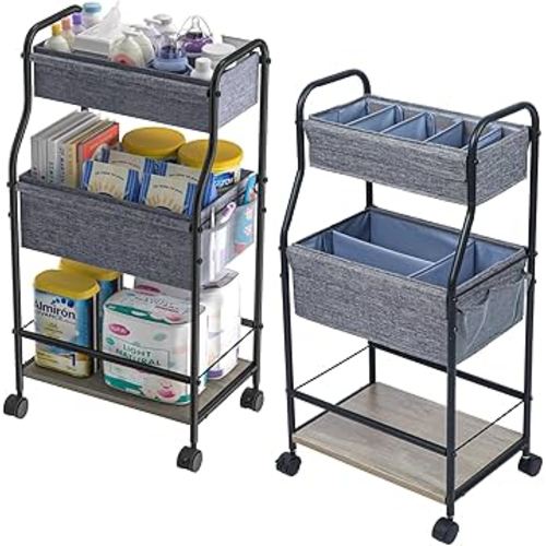 3-Tier Baby Diaper Caddy Organizer and Storage Cart with 4+2 Dividers, Mobile Metal Utility Cart with Rolling Wheels for Nursery Essentials, Large Capacity Rolling Cart for Crib, Bedroom, Bathroom