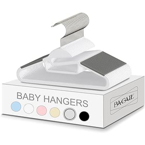 BAGAIL Kids Plastic Hangers S-Slide 50 Pack 12.6" Non-Slip Hangers 360° Swivel Hook Protect Collar Space Saving for Children Infant/Toddler Pants Coat-White/Grey
