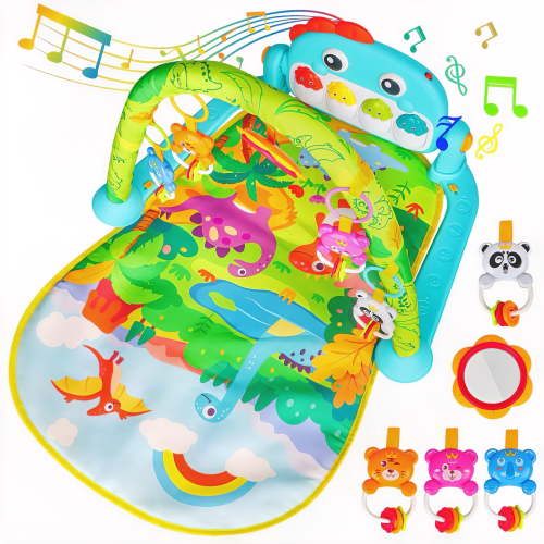 Beefunni Interactive Baby Tummy Play Mat, Musical Dinosaur Foot Piano with Light, Fun and Educational Gym Mat for Infants 0 3 6 9 12 Months, Christmas Newborn Gift for Baby Boys Girls