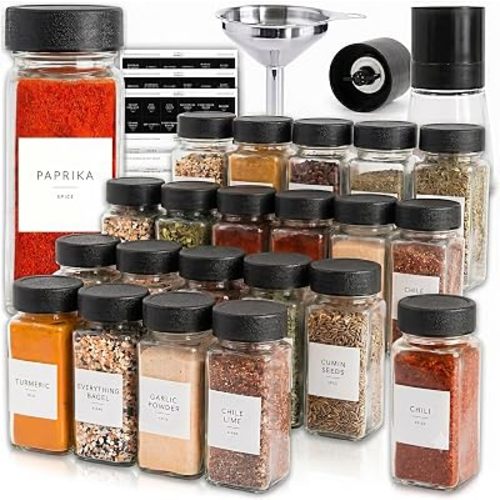 SAVVY & SORTED Glass Spice Jars with Label 24 PK - 4 Oz Spice Containers with 374 Minimalist Preprinted Labels Stickers, Pepper Grinder Funnel Shaker Lids, Empty Seasoning Containers Bottles