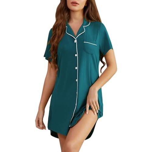 Pjmlifecoco Womens Nightgowns Short Sleeves Button Down Night Shirts Soft Sleepwear Pajama Dress S-XXL