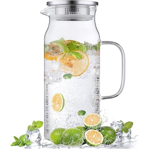 2 Liter 68 oz Glass Pitcher with Lid and Spout, Bivvclaz Water Pitcher for Fridge, Glass Carafe for Hot/Cold Water, Large Iced Tea Pitcher for Coffee, Juice and Homemade Beverage