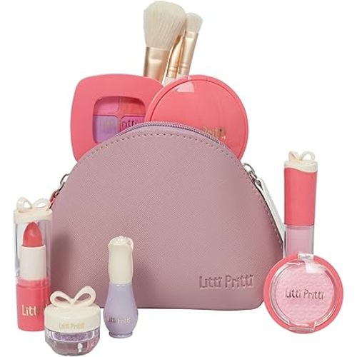 Litti Pritti Pretend Makeup for Toddlers - 11-Piece Play Makeup Set for Little Girls Age 3 and Up - Kids Makeup with Bag Includes Brushes, Lipstick, Nail Polish - Pretend Play Toddler Girl Toys