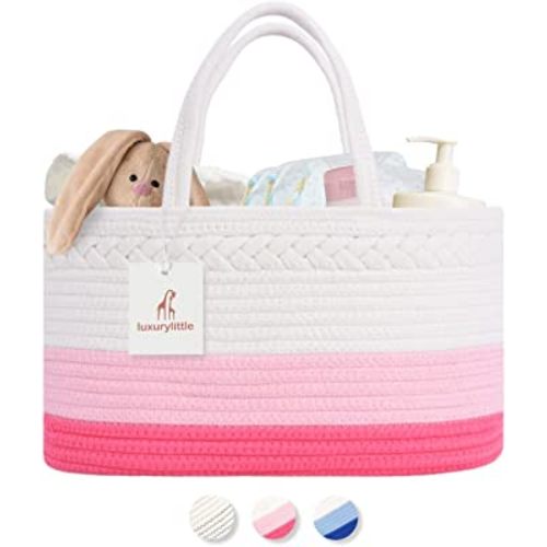 luxury little Diaper Caddy Organizer, Large Cotton Rope Nursery Basket, Changing Table Organizer for Baby Diaper Storage, Portable Car Organizer with Removable Divider, Baby Shower Gifts - Pink