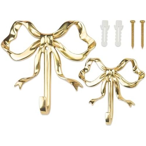 ZORZA 2Pcs Multi-Purpose Bow-Knot Brass Screw Hooks Retro Wall Hook Bow Shaped Practical Bow Hook Gold Wall Hooks for Bathroom Bedroom Perfect for Hanging Hats Towels Coats