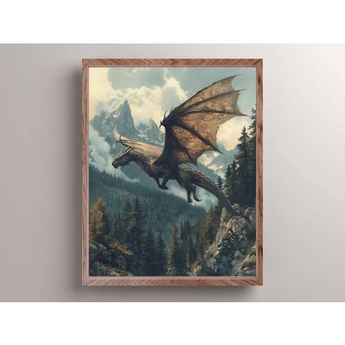 Mythical Dragon Taking Flight Art Print, Dark Academia Wall Decor, Flying Dragon Painting, Medieval Fantasy Wall Art, Dragon Lover Gift