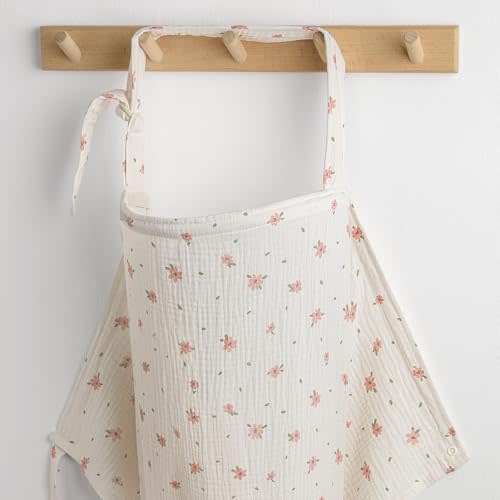 Blissful Diary Muslin Nursing Cover for Breastfeeding, Breathable Breastfeeding Cover up with Arch Neckline for Women, Nursing Apron (Pink Floral)