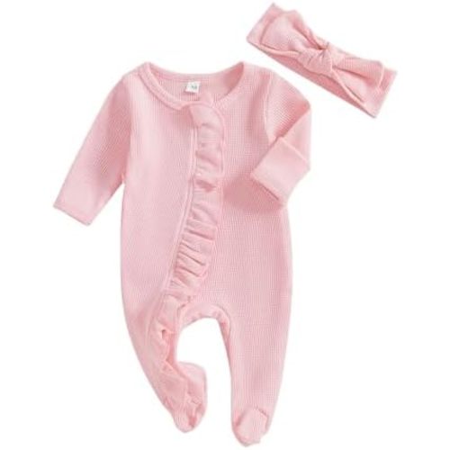 ZAXARRA Newborn Baby Girl Coming Home Outfit Solid Color Ruffle Long Sleeve Footies Romper Infant Fall Bow Headband Clothes