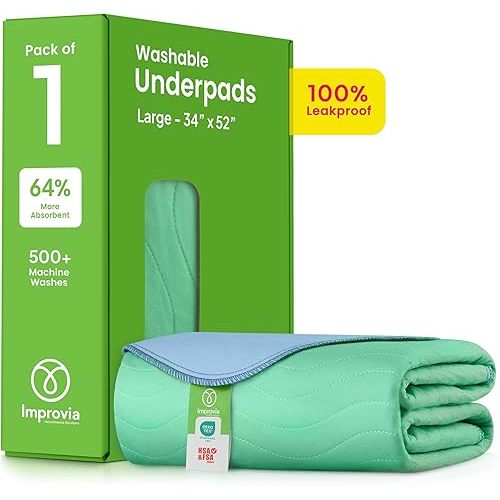 IMPROVIA® Washable Underpads, 34" x 52" (1 Pack) - Heavy Absorbency Reusable Incontinence Pads for Kids, Adults, Elderly, and Pets - Waterproof Protective Pad for Bed, Couch, Sofa, Furniture, Floor