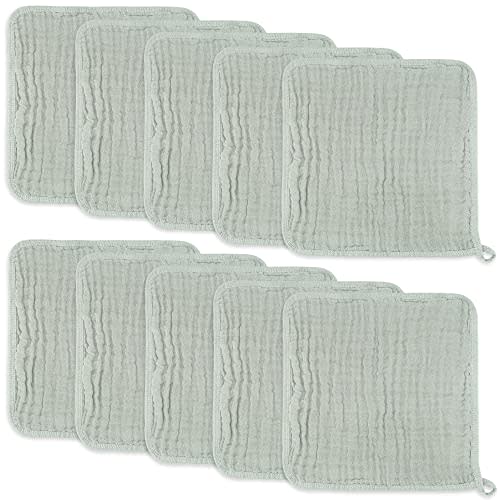 Baby Washcloths, Muslin Cotton Baby Towels, Large 10”x10” Wash Cloths Soft on Sensitive Skin, Absorbent for Boys & Girls, Newborn Baby & Toddlers Essentials Shower Registry Gift (Fern, Pack of 10)