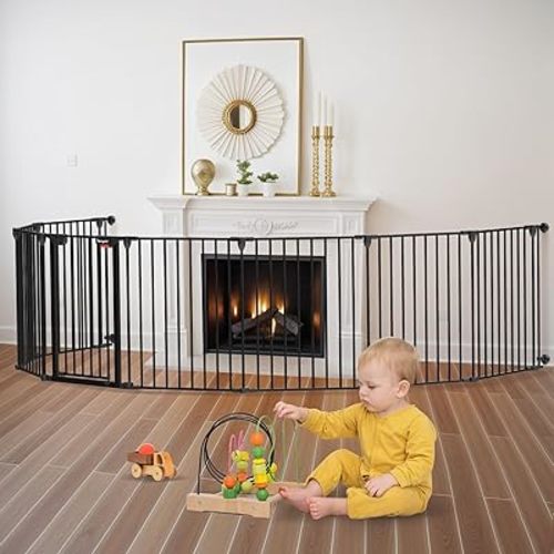 Baby Gate 27.5"-199" Extra-Wide Gate for Stairs, Play Yard Child Safety Gate, Dog-gate with Auto-Close Door, Double Locking System for Fireplace, Kitchen, Foldable 8 Steel Panels, 29" Height