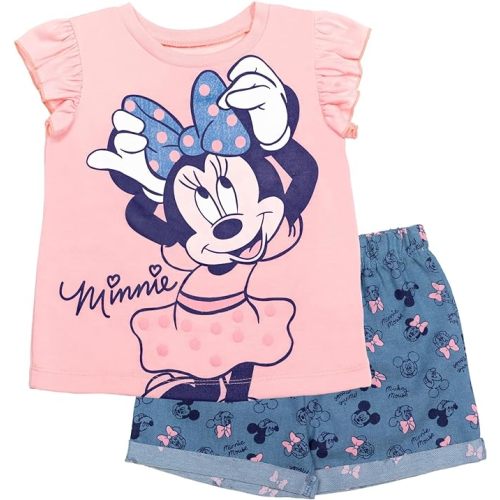 Disney Minnie Mouse Rainbow Floral T-Shirt and Chambray Shorts Outfit Set Infant to Big Kid Sizes (12 Months - 14-16)