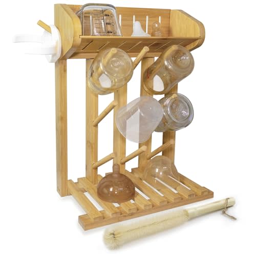 AKS B2C Bamboo Baby Bottle Drying Rack, Vertical Space Saving Kitchen Organizer, 9 Bottle Capacity, Countertop Storage Holder and Bottle Dryer with Draining Base (Comes with a Free Cleaning Brush)