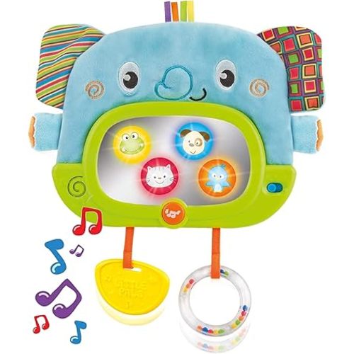 Baby Tummy Time Mirror for Floor, Crib, Play Gym & Stroller - Soft Elephant Baby Mirror w/Hidden Characters – Daytime Play & Nighttime Lullaby Modes – 0+ Months