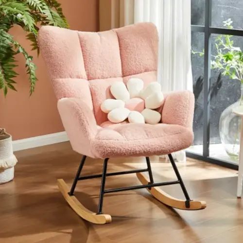 CONCETTA Teddy Nursery Rocking Chair with High Backrest and Padded Seat, Comfortable Glider for Living Rooms, Bedrooms, and Offices, Pink