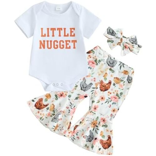 Gueuusu Infant Baby Girl Farm Outfit Little Nugget Bodysuit Chicken Floral Flare Pants Headband Newborn Coming Home Outfit