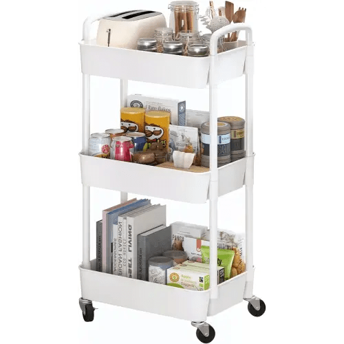 Sywhitta 3-Tier Plastic Rolling Utility Cart with Handle, Multi-Functional Storage Trolley for Office, Living Room, Kitchen, Movable Storage Organizer with Wheels, White
