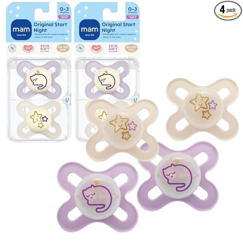 MAM Original Start Night Baby Pacifiers 0-3 Months Newborns, BPA-Free Skin Soft Silicone Nipple, Glows in The Dark, Developed with Medical Experts, 4 Count