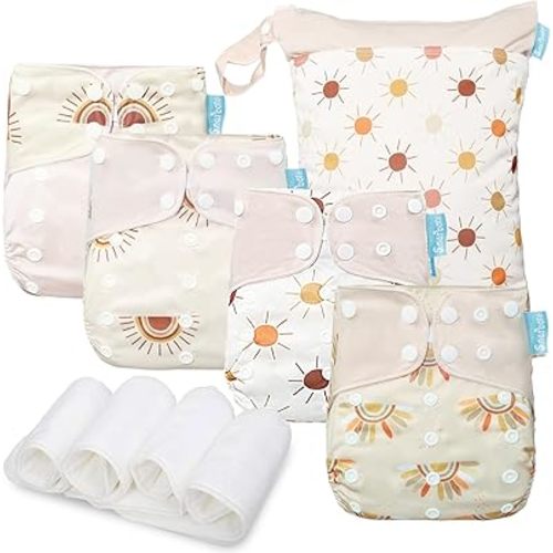Baby Cloth Diapers Set-4 Pack Diapers with 4 Inserts & 1 Wet Dry Separation Bag, Reusable Infant Toddler Nappy, Adjustable Pocket Diapers for Baby Boys and Girls(6-33 pounds,0-3 Years)