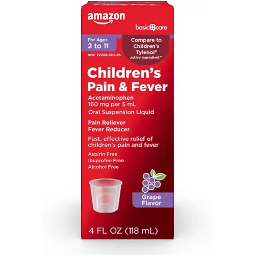 Amazon Basic Care Children's Acetaminophen 160 mg per 5 mL Oral Suspension, Grape Flavor, Pain Reliever and Fever Reducer for Headache, Sore Throat and Toothache, 4 fl oz (Pack of 1)